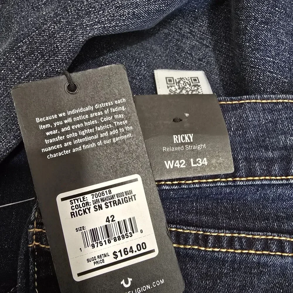 NEW True Religion Mens Ricky SN Relaxed Straight 5 Pocket Dark Wash Jeans 42x34